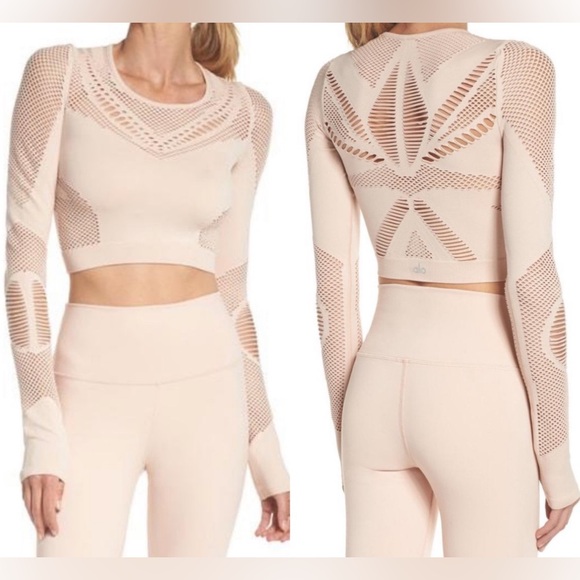 ALO Yoga Siren Long Sleeve Crop Top Mesh Cut Out Cream Nectar Heather Small or M - Picture 1 of 12